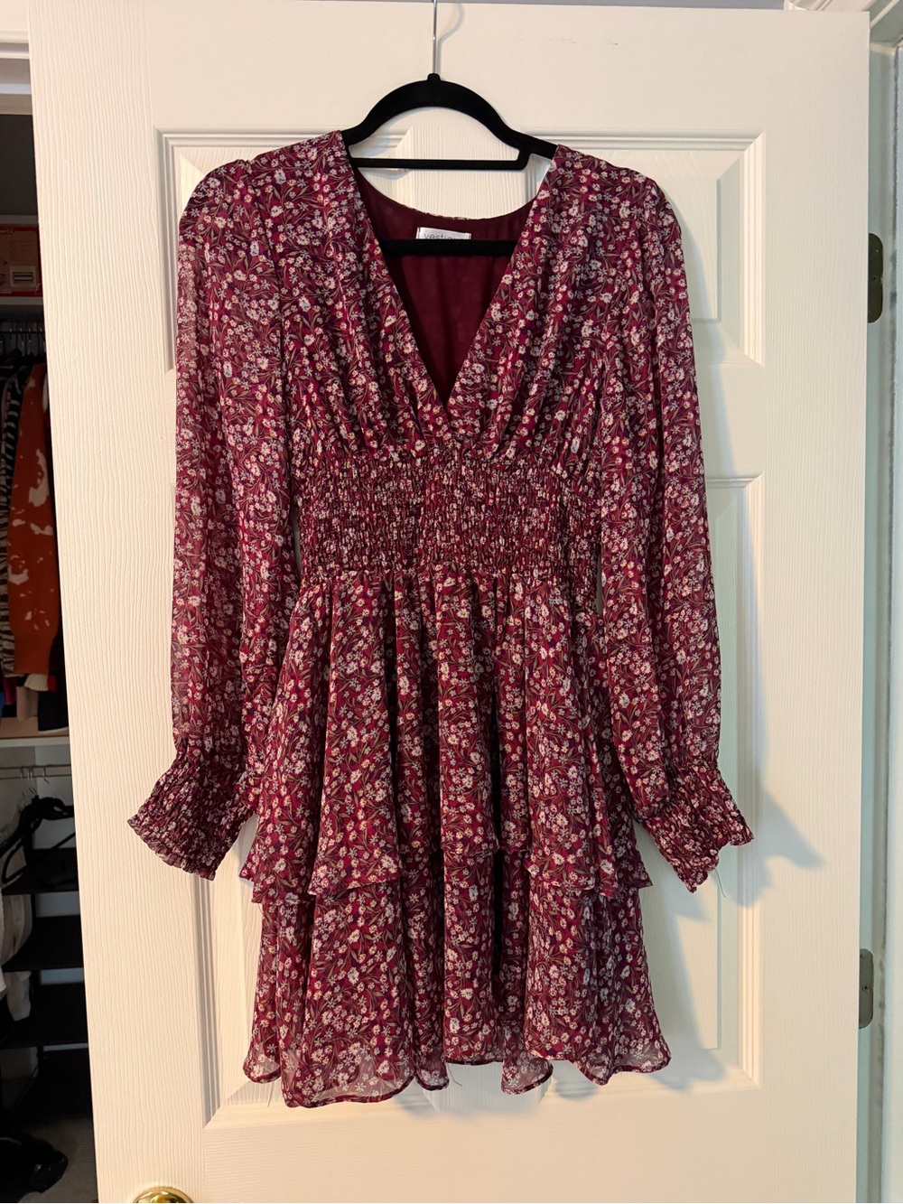 vestique Burgundy Floral V-Neck Smocked Waist Long Sleeve Dress